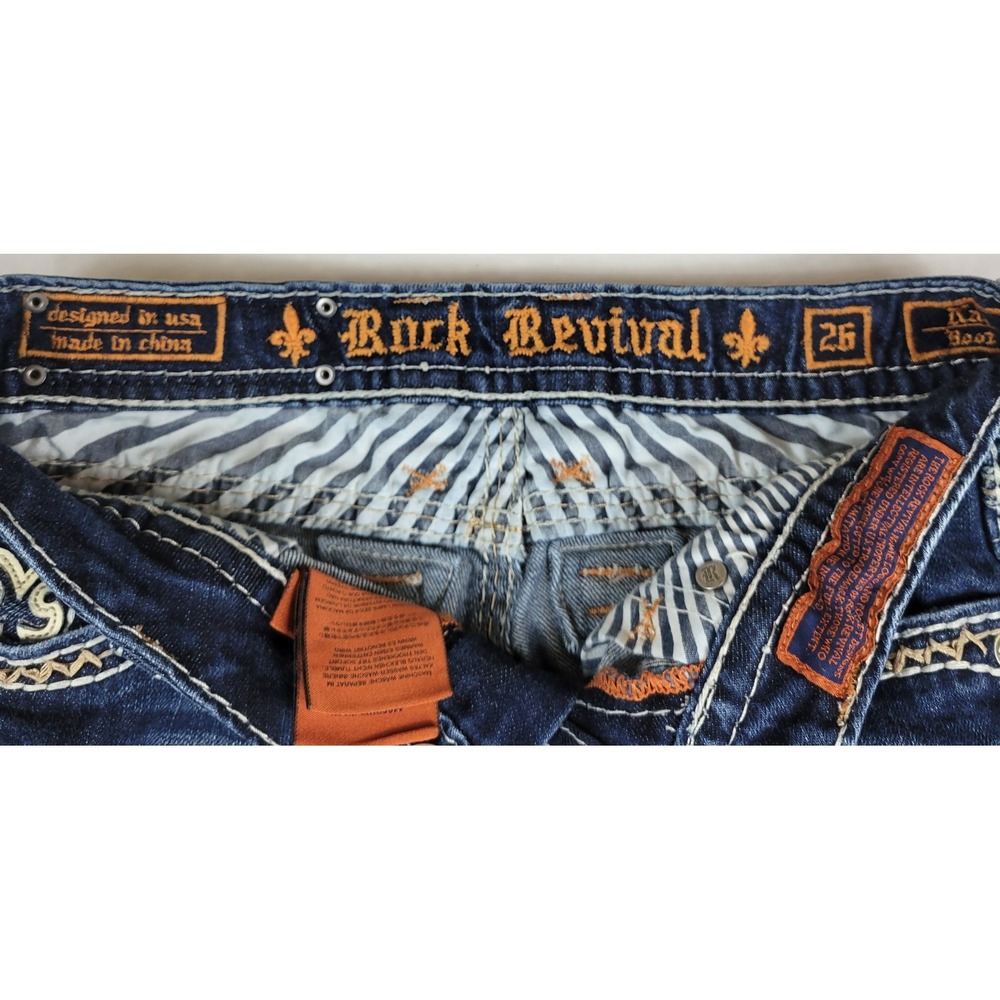 Rock Revival Kai Bootcut Jeans Dark Wash Distressed Thick Stitch Buckle 28x29 - Picture 7 of 11